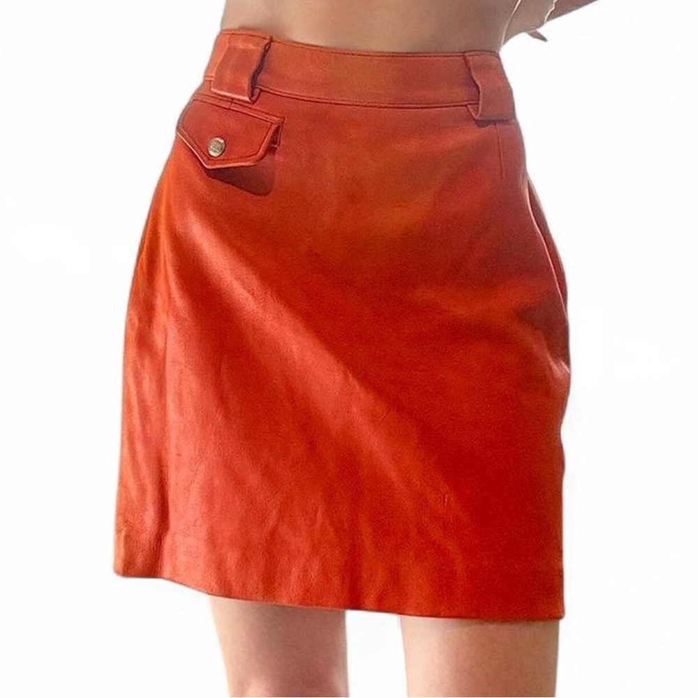 Vintage Ralph Lauren Country Leather Mini Skirt 1990’s - Orange - Zipper Detail